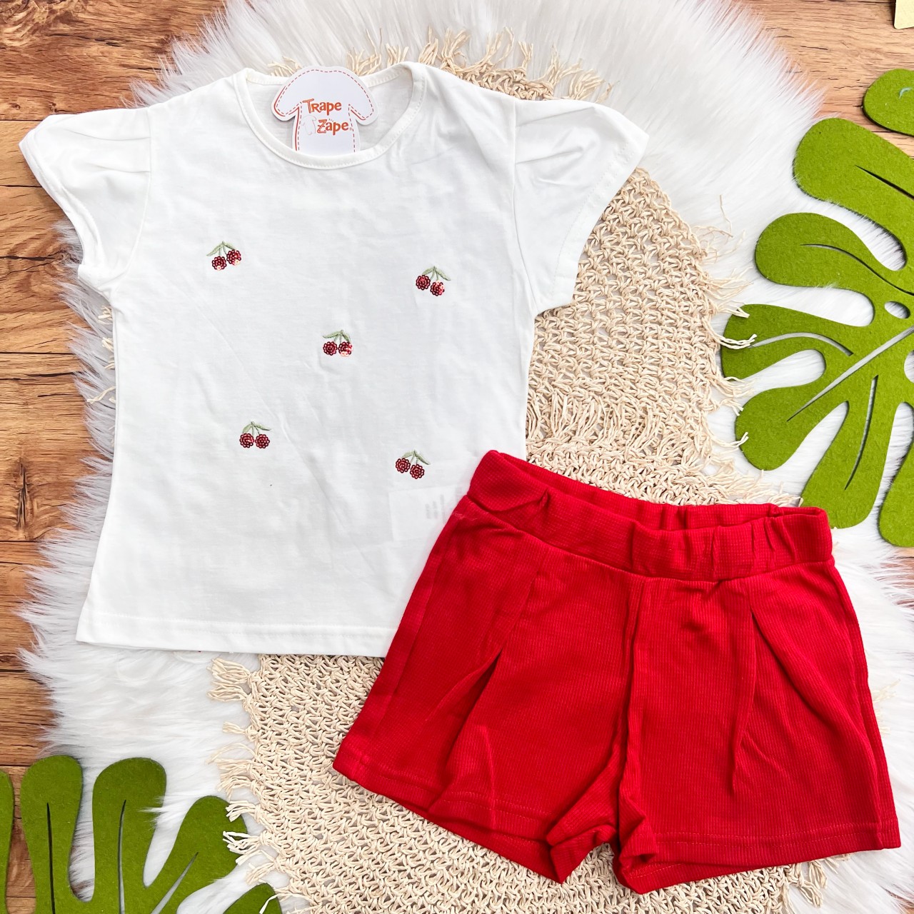 Conj. Blusa Cerejinhas de Paetê e Short - Off White e Vermelho 
